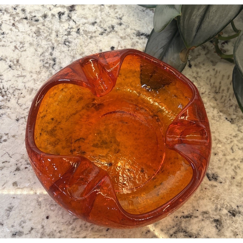 MCM Viking Glass Crackle Glass Ashtray "Persimmon" Color Retro Cool Cigar Bar